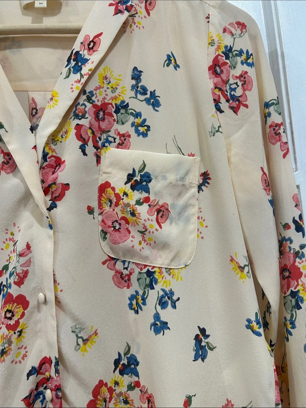 Sezane Pierro Silk Cream Floral Long Sleeve V Neck Button Up Blouse Top - 34